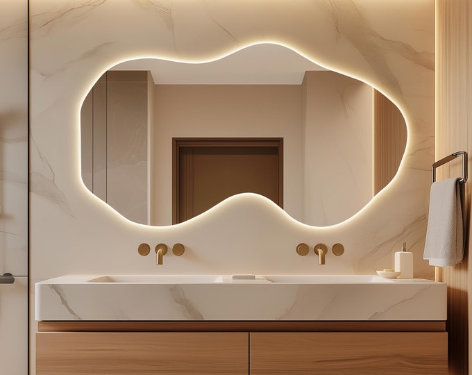 Modern Large LED Mirror Custom Shape Unique Mirror with Lights Sculptural Bathroom Mirror Bold Accent for Console or Vanity Sleek Home Decor