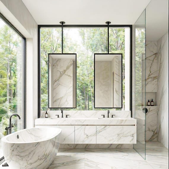 Suspended Over Window Vanity Mirror, Floating Metal Ceiling Hanging Mirror for Bathroom