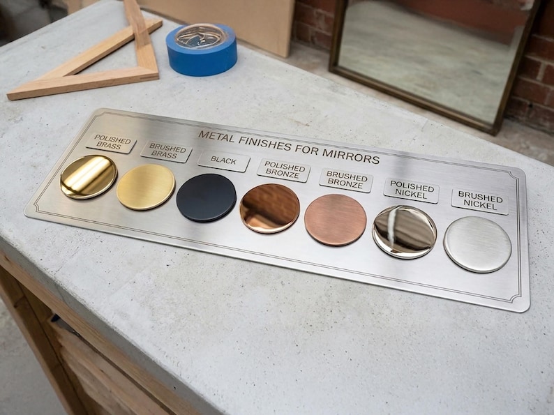 Może przedstawiać: Prostokątna metalowa płytka wzornikowa z napisem METAL FINISHES FOR MIRRORS, zawierająca osiem okrągłych pr&oacute;bek o r&oacute;żnych wykończeniach: polerowany mosiądz, szczotkowany mosiądz, czarny, polerowany brąz, szczotkowany brąz, polerowany nikiel i szczotkowany nikiel.