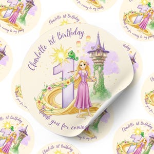 Mall för Rapunzel-födelsedagsklistermärke: Prinsessfestgåva (redigerbar i Canva, PDF-nedladdning)