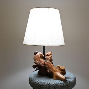 Handcrafted  Lamp - Natural Olive Tree Root Base with Cream Lampshade