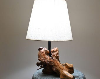 Handcrafted  Lamp - Natural Olive Tree Root Base with Cream Lampshade