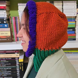 Handmade Colorful Knitted Balaclava – Orange, Green, and Purple Winter Hood