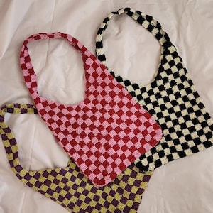 Checkerboard Crochet Shoulder Bag: Retro Y2K Cotton Tote