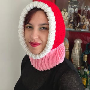 Misty Knit Balaclava – Soft Red, Pink & White Tones