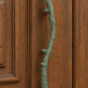 Può includere: Una maniglia per porta color bronzo a forma di ramo d'albero. La maniglia è montata su una porta di legno con pannelli verticali. La maniglia ha una superficie strutturata e un design naturalistico.