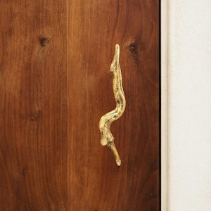 Può includere: Una maniglia dorata, di forma organica, montata su una porta in legno marrone scuro. La maniglia ha un design strutturato a forma di ramo e la venatura del legno è visibile. La maniglia è posizionata verticalmente.