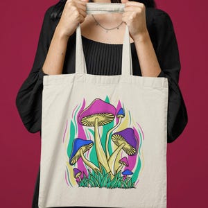 Psychedelic Mushroom Tote Bag, Trippy Trance Design Canvas Bag, Festival-Ready Eco-Friendly Bag, Unique Art Gift, Vibrant Colors Tote