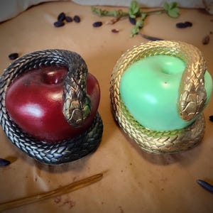 May include: Two decorative apple sculptures. One is a deep red apple encircled by a dark gray snake. The other is a light green apple encircled by a gold snake. The sculptures are on a brown surface.