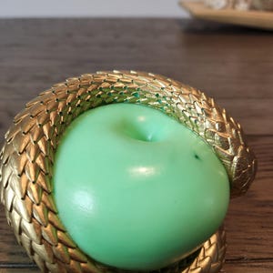 May include: A green apple encircled by a gold-colored, textured snake. The snake's scales are detailed, and the apple has a smooth surface. The composition is set against a blurred wooden background.