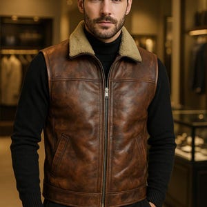 May include: A brown leather vest with a shearling collar and a zipper closure. The vest has two pockets on the front.