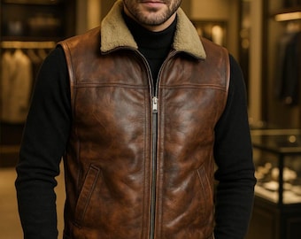Herren Braun Schaffell Leder & Echte Lammfell Fell Gilet Weste Jacke