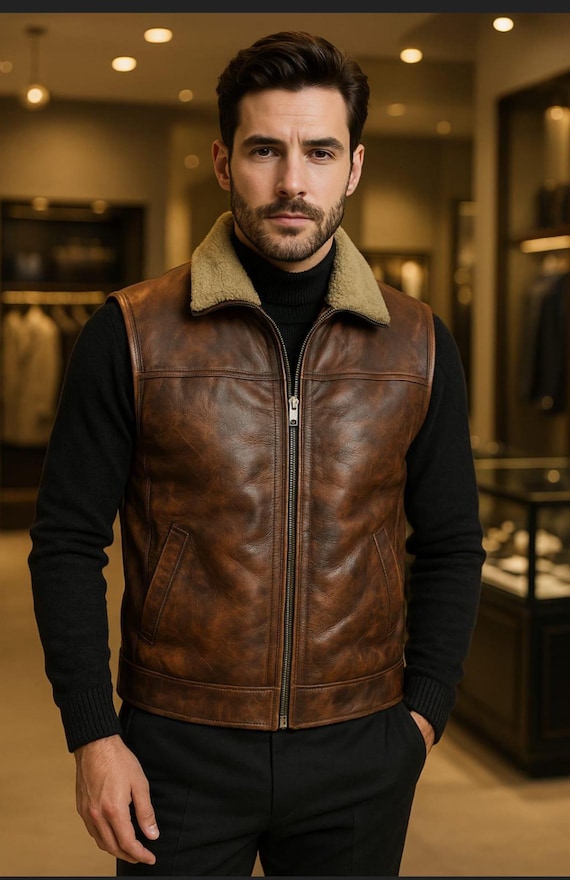 Men's Brown Sheepskin Leather & Real Shearling Fur Gilet Vest Jacket