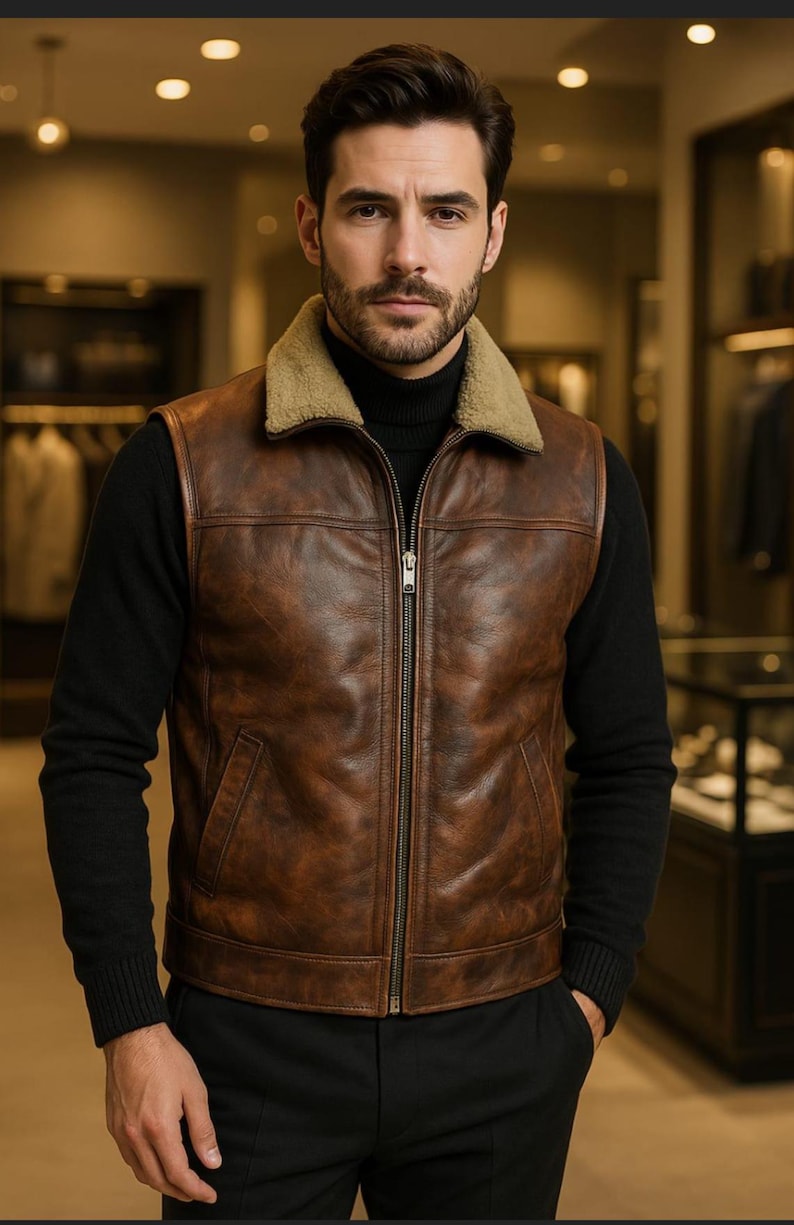 May include: A brown leather vest with a shearling collar and a zipper closure. The vest has two pockets on the front.