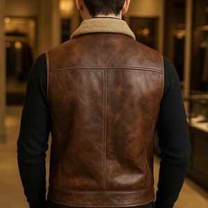 May include: A brown leather vest with a shearling collar. The vest has a zipper closure and two pockets on the front.
