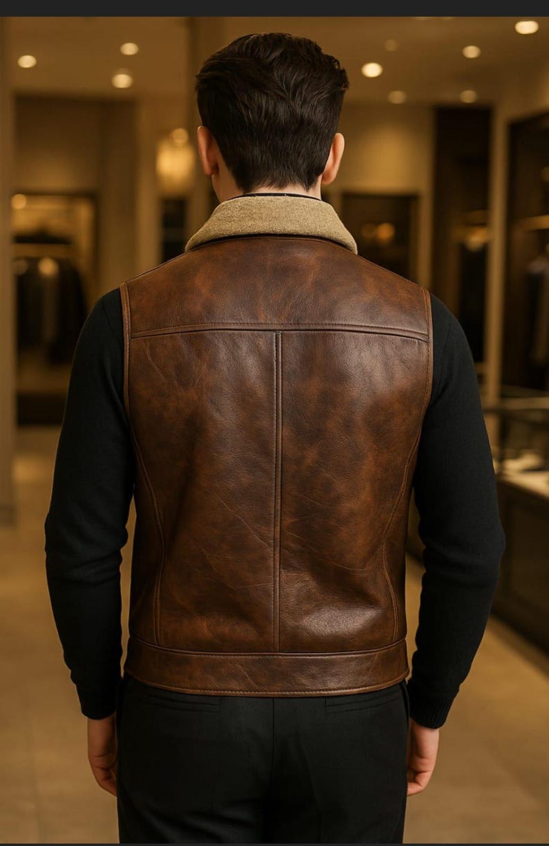May include: A brown leather vest with a shearling collar. The vest has a zipper closure and two pockets on the front.