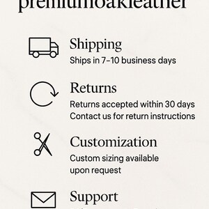 Pode incluir: Gr&aacute;fico creme com o texto "premiumoakleather". Abaixo, &iacute;cones e texto descrevem as op&ccedil;&otilde;es de envio, devolu&ccedil;&otilde;es, personaliza&ccedil;&atilde;o e suporte. Personaliza&ccedil;&atilde;o dispon&iacute;vel mediante solicita&ccedil;&atilde;o.