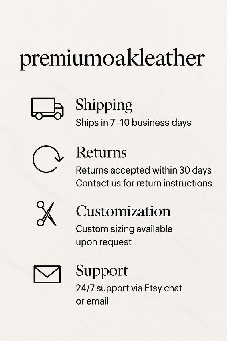 Pode incluir: Gr&aacute;fico creme com o texto "premiumoakleather". Abaixo, &iacute;cones e texto descrevem as op&ccedil;&otilde;es de envio, devolu&ccedil;&otilde;es, personaliza&ccedil;&atilde;o e suporte. Personaliza&ccedil;&atilde;o dispon&iacute;vel mediante solicita&ccedil;&atilde;o.