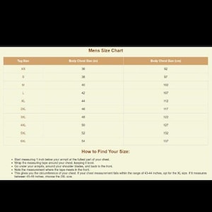 May include: A size chart for men's clothing with measurements in inches and centimeters. The chart shows the corresponding chest size in inches and centimeters for each tag size, from XS to 6XL. The chart also includes instructions on how to measure your chest size.