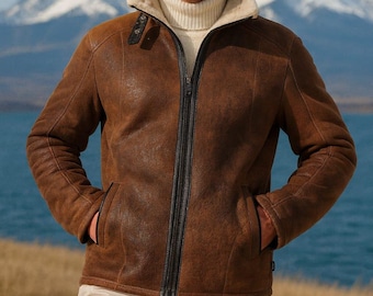 Men's Brown Sheepskin Leather & Real Shearling Fur Jacket