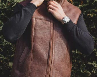Herren Braun Schaffell Leder & Echte Lammfell Fell Gilet Weste Jacke
