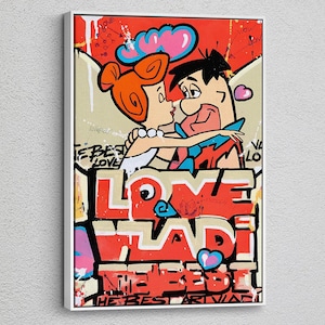Fred Flintstone with Wilma Canvas Print, Romantic Cartoon Couple Wall Art, Museum Quality Print, Flintstones Artwork, Modern Wall Decor