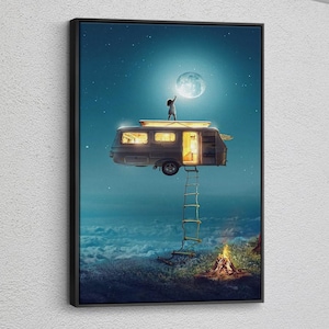 The Boy Who Touched The Moon Canvas Wandkunst, Surreal Poster, Camping Wandkunst, Lagerfeuer Kunstwerk, große Leinwand, Wohnkultur, fertig zum Aufhängen
