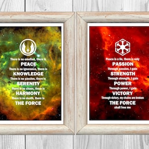 Set di 2 poster Star Wars con codice Jedi e codice Sith, poster spaziali, decorazione murale Star Wars, download digitale immediato.