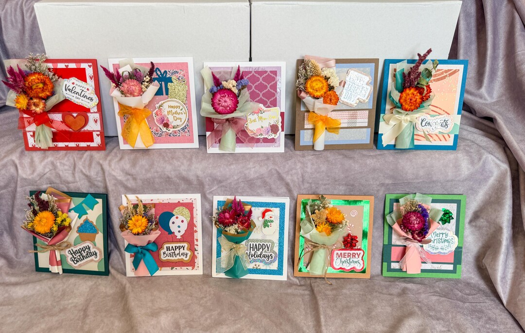 Set of 10 Handmade Greeting Cards With Mini-dried Flowers, Floral ...
