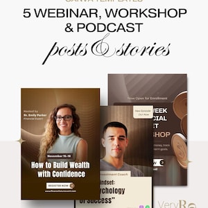May include: A promotional graphic for Canva templates, featuring text that reads "5 Webinar, Workshop & Podcast posts & stories." The design includes images of webinar and workshop promotional materials with text and photos.
