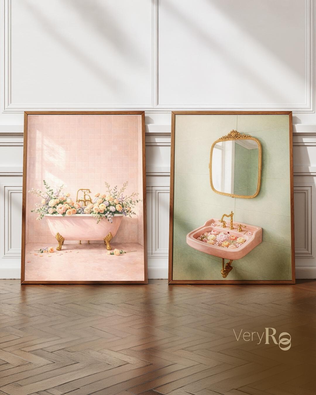 Art Deco Floral Bathtub & Sink Prints | Romantic Vintage Bathroom Wall ...