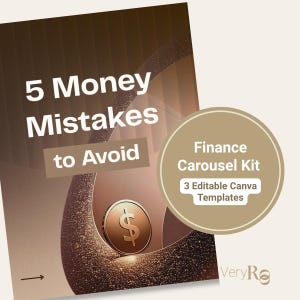 以下が含まれることがあります： 「5 Money Mistakes to Avoid」のテキストとドル記号の金貨が描かれたグラフィック。円形のグラフィックには「Finance Carousel Kit」と「3 Editable Canva Templates」と書かれています。背景は茶色と金のグラデーションです。
