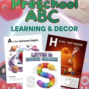 May include: Preschool ABC learning and decor. The image features educational printables with the letters A, H, and S. The letter A is for Astronaut Apple, H is for Hat House, and S is for Socks Snake. A red apple and a white hat are also visible.
