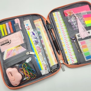 Custodia Folio per organizer di cancelleria rosa salmone con una collezione colorata di foglietti adesivi, carta, etichette, clip per il junk journaling, la pianificazione