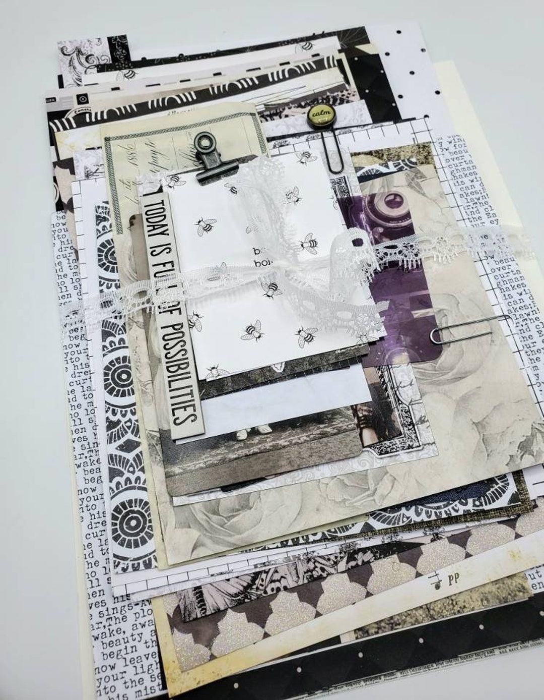 30+ Pieces Black and White-themed Junk Journal Ephemera Pack With Tags ...