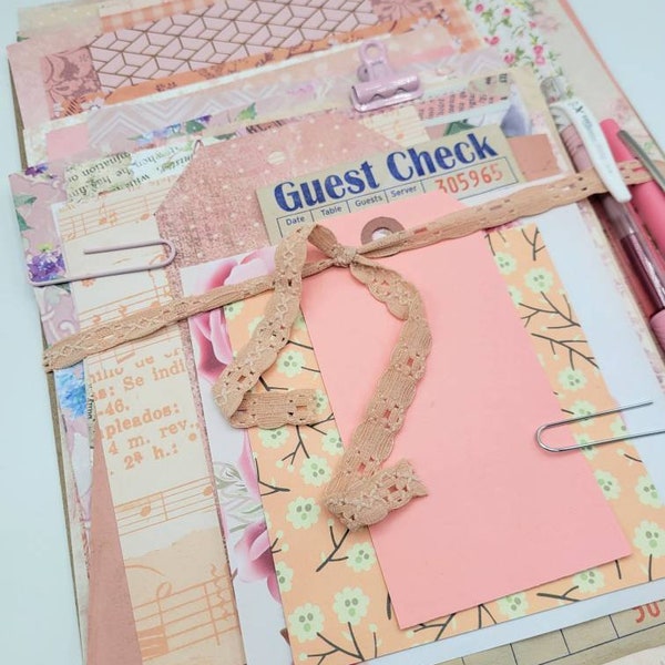30+ Pieces Coral and Soft Pink Themed Junk Journal Ephemera Pack with Scrapbook Paper, Tags, Pens and More