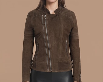 Goat suede moto jacket, womens brown motorcycle outerwear