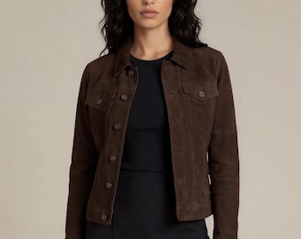 Goat Suede trucker jacket, womens brown jean style outerwear