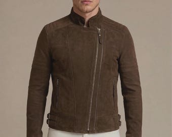 Goat suede moto jacket, mens brown motorcycle outerwear