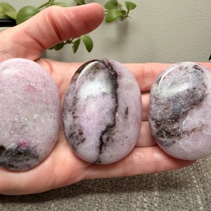 May include: Three polished, oval-shaped lepidolite stones with a smooth, glossy finish. The stones feature a light pink base color with prominent dark purple and black mineral inclusions that create unique, swirling patterns across their surfaces.
