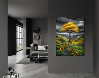 serene landscape, nature wall art, nature yellow canvas, earth tones room decor,large wall hanging,  canvas, nature canvas, birth tree art