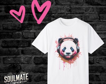 Trendy Panda DJ T-Shirt | Splatter Art of Panda with Headphones Tee | Cool Urban Music Design Tee | Watercolor Hip Panda Graphic Shirt