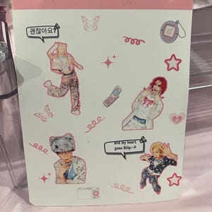 May include: A sticker sheet with the text "xlov sticker sheet" in pink. The sheet features various stickers, including images of people, butterflies, stars, and a retro cell phone. Some stickers have text bubbles.