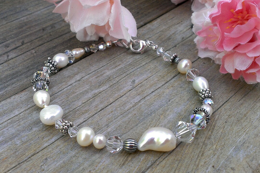 Shades of White Single Strand Bracelet in Pearls Crystals & - Etsy