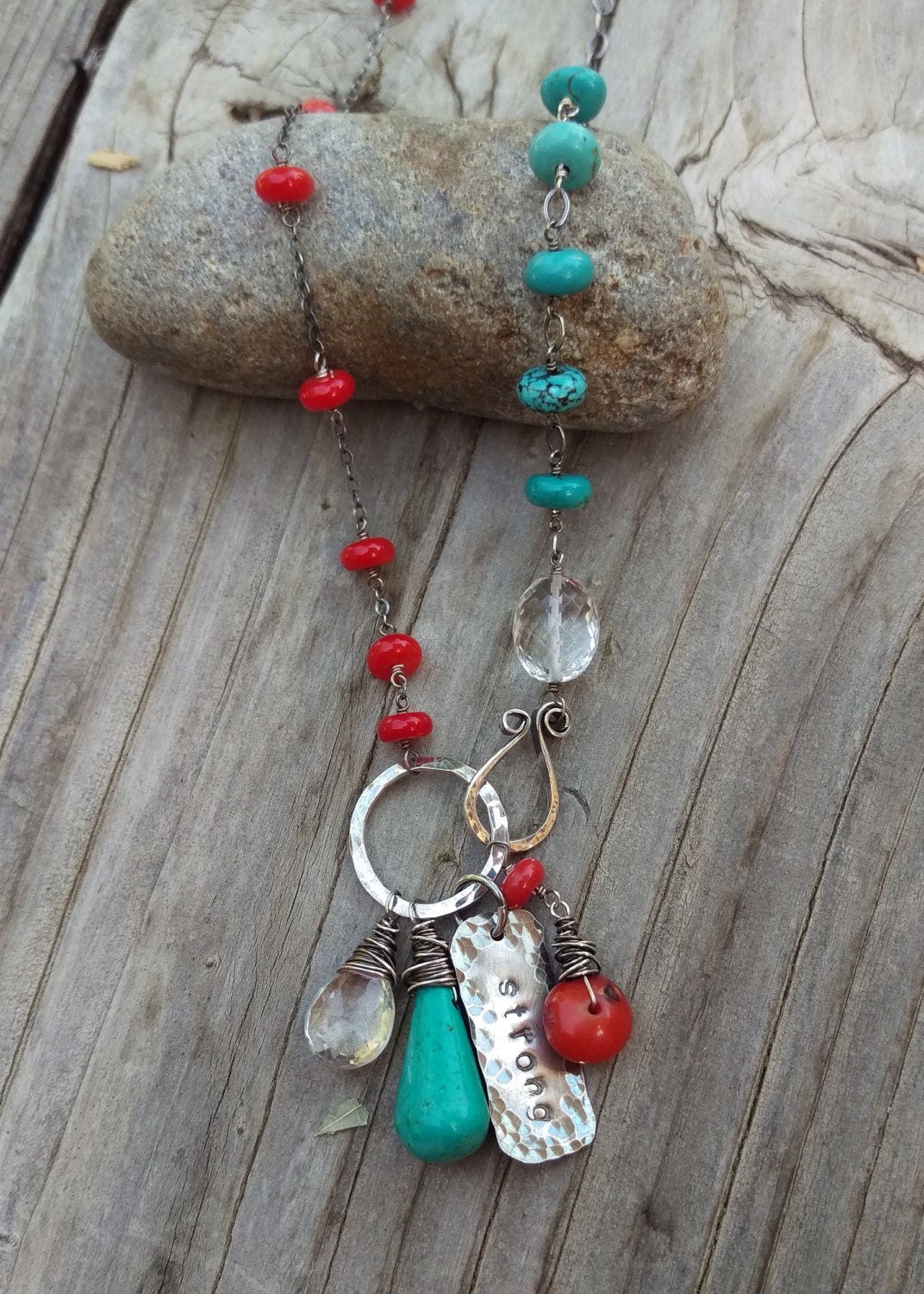 Coral and Turquoise Linked With Oxidized Sterling Wire - Etsy