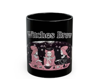 Witches Brew illustration Mug | Black ceramic witch tea coffee mug | Witches Coffee Cup |  Halloween Mug Gift