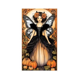 Adesivo di Halloween con fata zucca / Arte fata Art Nouveau / Adesivo fantasy con zucca stravagante