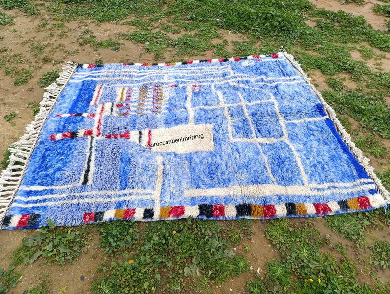 Handmade Moroccan Berber Wool Rug – Abstract Geometric Blue Area Rug ...