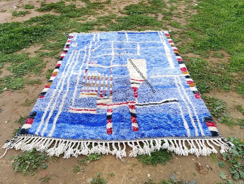 Handmade Moroccan Berber Wool Rug – Abstract Geometric Blue Area Rug ...