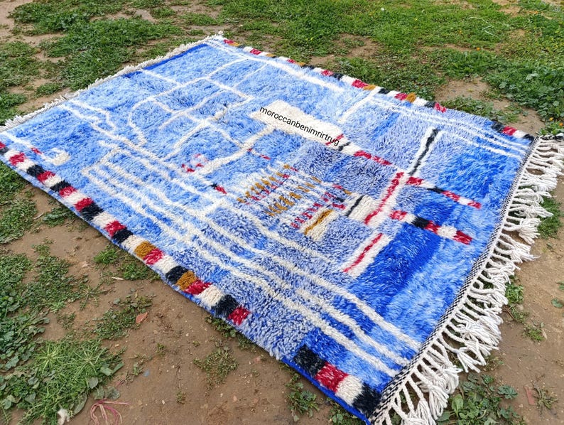 Handmade Moroccan Berber Wool Rug – Abstract Geometric Blue Area Rug ...
